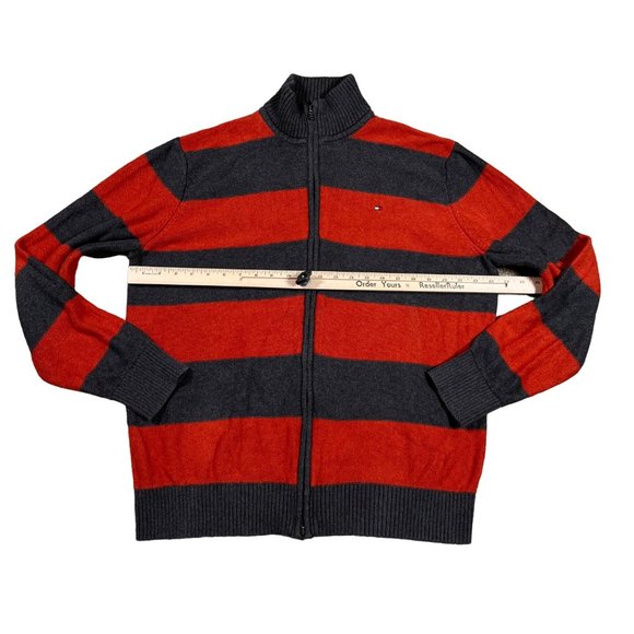 Tommy Hilfiger Sweater Men's Long Sleeve Striped Dual Zipper Gray Orange XL - Picture 5 of 13